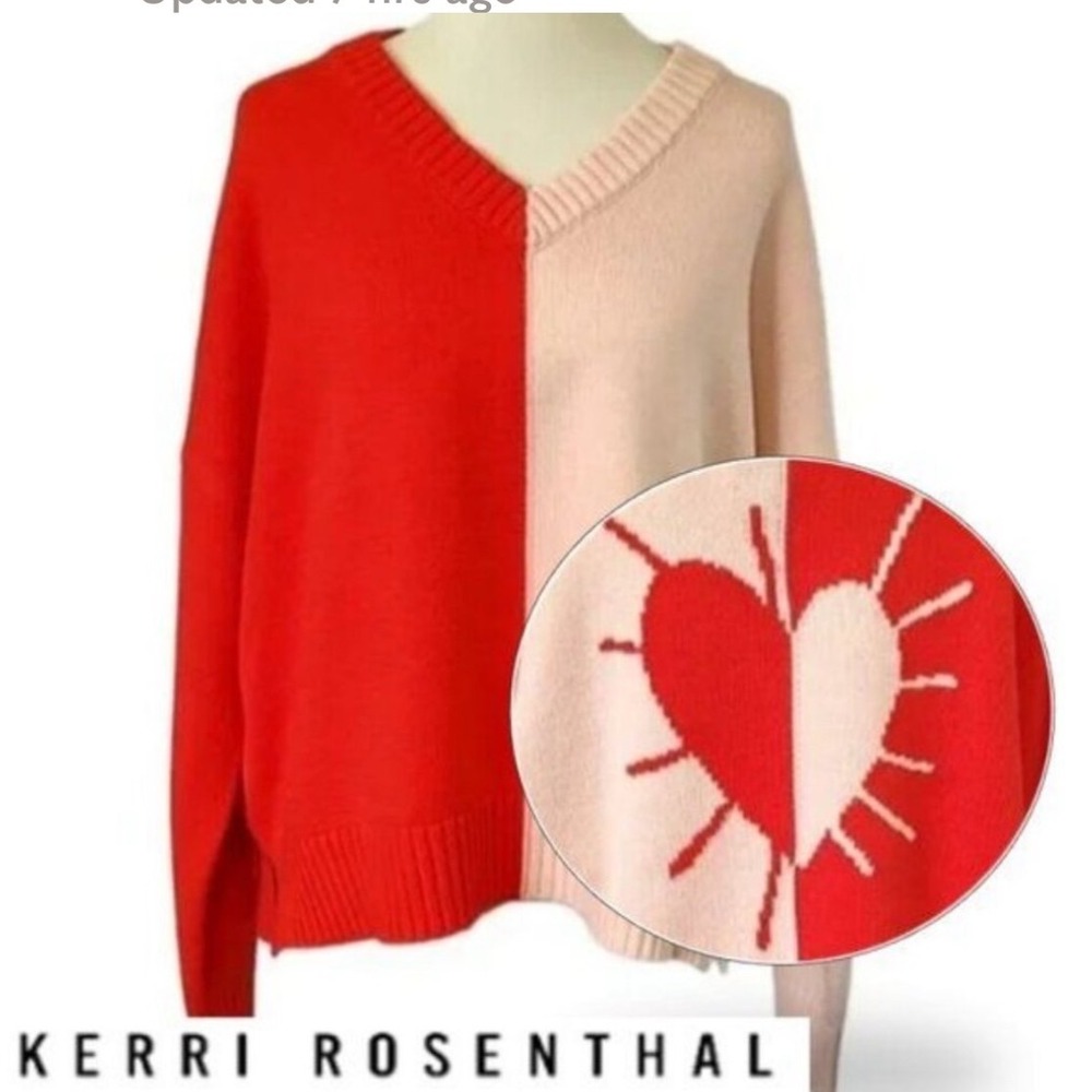 Kerri Rosenthal Radiant Heart Colorblock Red Pink V-Neck‎ Sweater M
